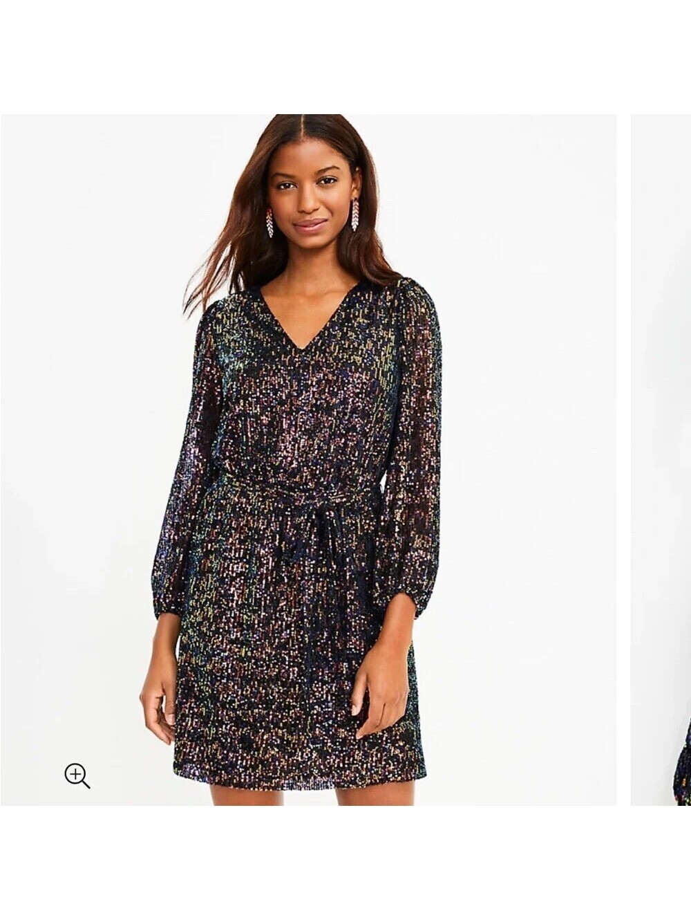 Loft EUC Women's Black Sequin V-Neck Tie Waist Cocktail Dress Size S